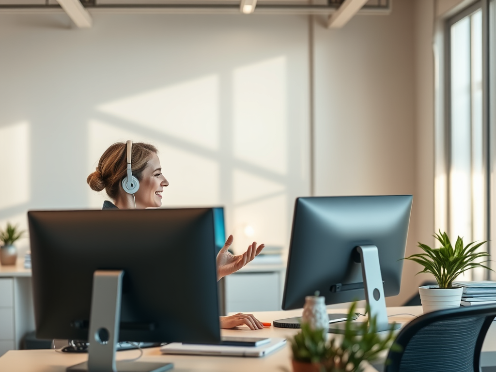 A smiling woman wearing a headset sits at a desk with two computer monitors, engaging in a virtual consultation in a bright office space.